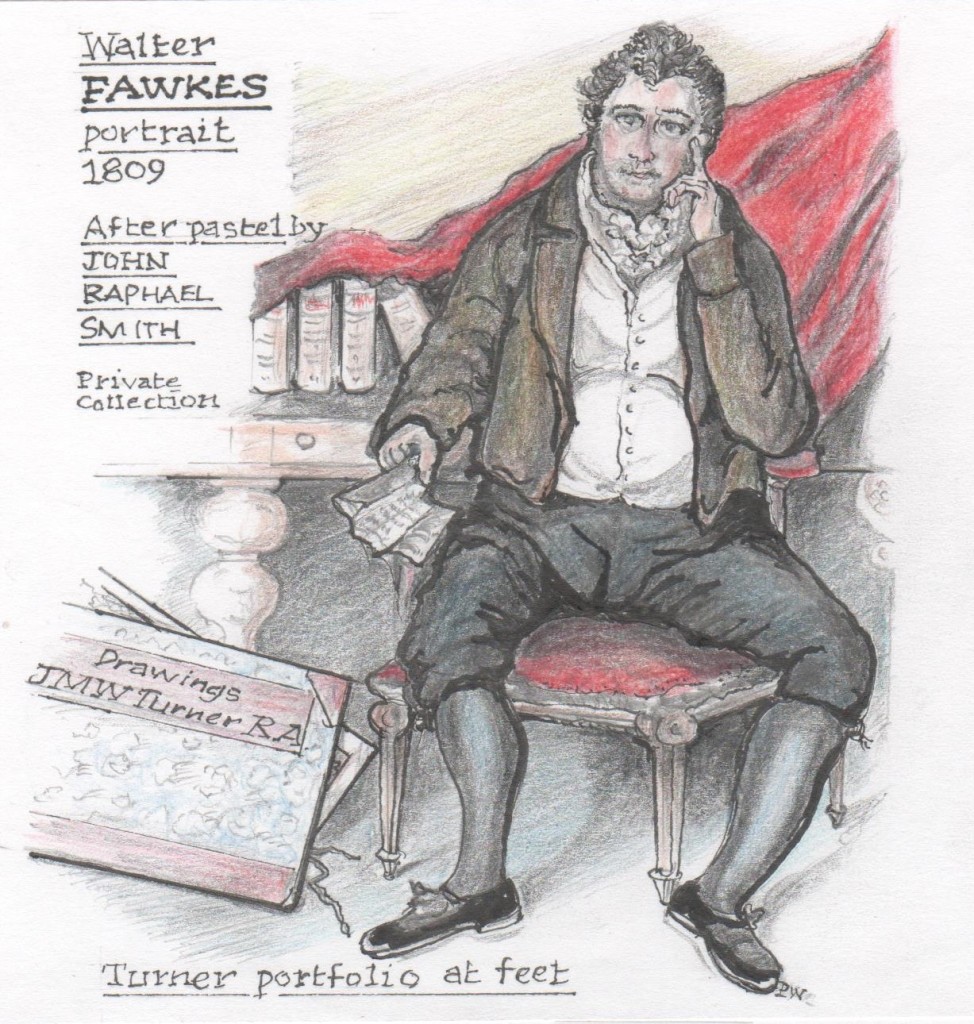 Drawing of Walter Fawkes, after the portrait by John Raphael Smith of 1809, showing him at repose with a folio of 'Drawings by J.M.W. Turner' at his feet.
